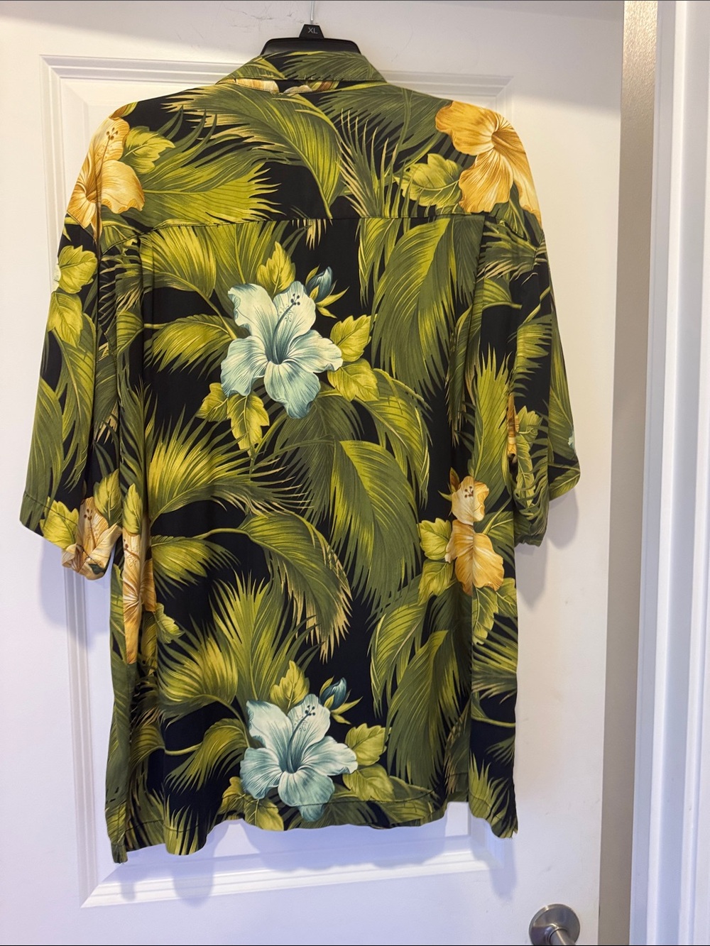 Tommy Bahama Black Hawaiian Shirt with Green Palms and Yellow & Teal Flowers - Picture 5 of 6